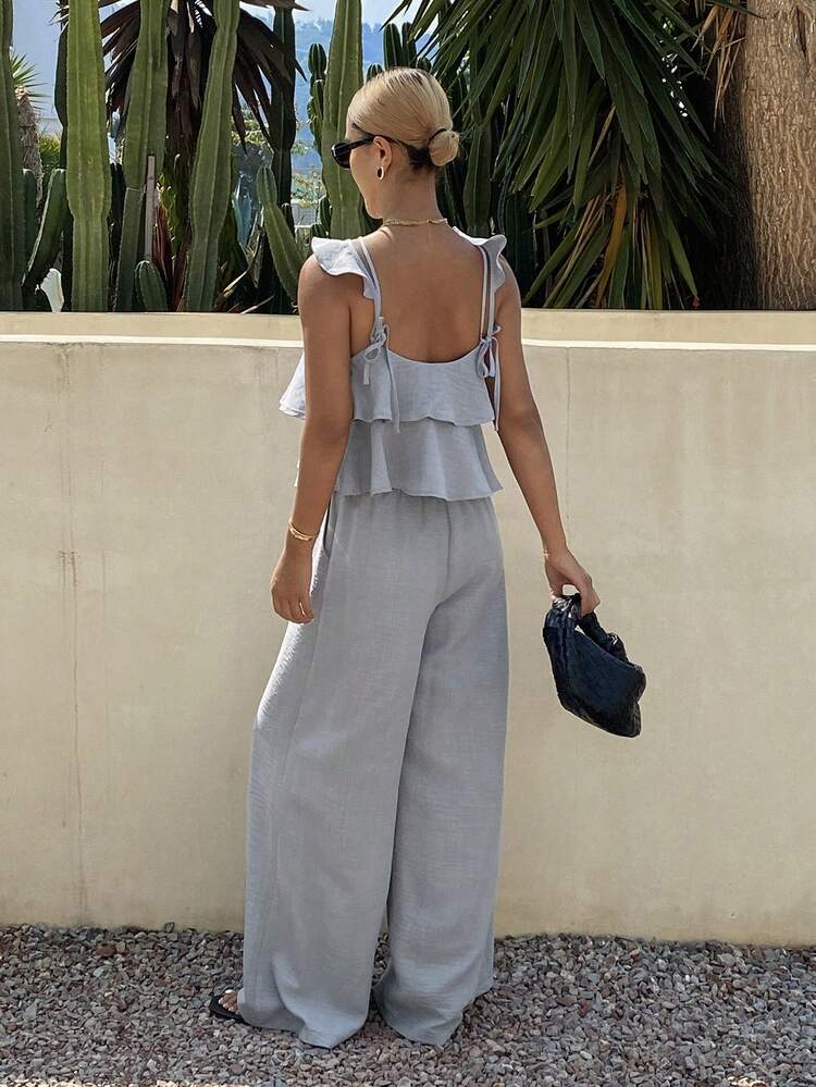 Spring & Summer Hollow Asymmetrical Camisole And Wide Leg Pants 2 Pieces Set For Women