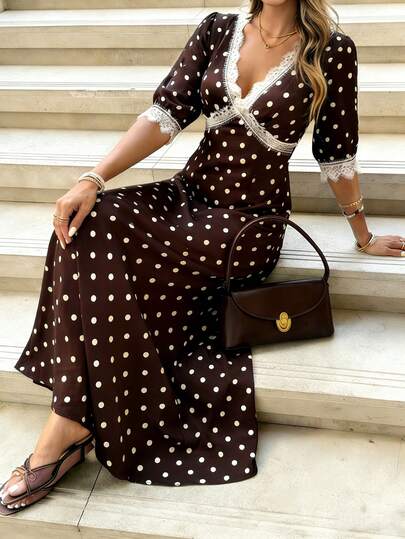 Pariaura Women's Elegant Vintage Chocolate Brown Polka Dot V-Neck Contrast Color Lace Ruffle Petal Sleeve Dress