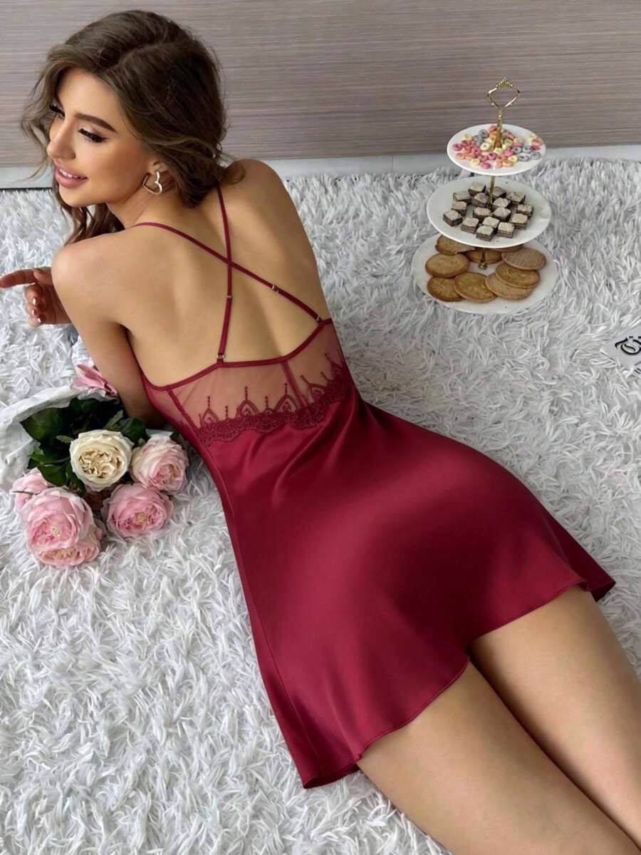 SilkySpell Solid Color Lace Trim Satin Camisole Nightgown - Red - View 1