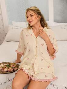 CottageSlumber Set pigiama da donna taglie forti con stampa di rose rosa, stile kimono, maniche corte e pantaloncini - Albicocca - Visualizzare 1