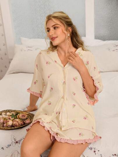CottageSlumber Bộ đồ ngủ kiểu kimono tay ngắn quần short in hoa hồng hồng dành cho nữ cỡ lớn
