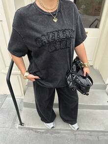 Muchica 2pcs/Set Plus Size Women Embroidered Round Neck Short Sleeve T-Shirt And Casual Loose Leg Pants, Daily Wear - Black - View 6