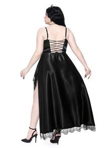 ROMWE Gaun Pesta Pernikahan Gothic Musim Panas, Leher V Dalam, Hem Asimetris, Ruffle, Satin & Patchwork Renda, Ukuran Plus untuk Wanita - Hitam - View 6