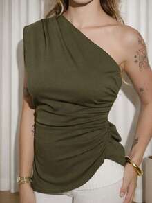 Ananda Vibes 1pc Women's Asymmetrical Neck Solid Color Stylish Top Suitable For Summer - Army Green - View 4