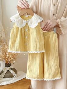 SHEIN Elladie kids 乡村风彼得潘领女童套装，女婴时尚刺绣下摆无袖上衣和长裤两件套 - 黃色 - 查看 2