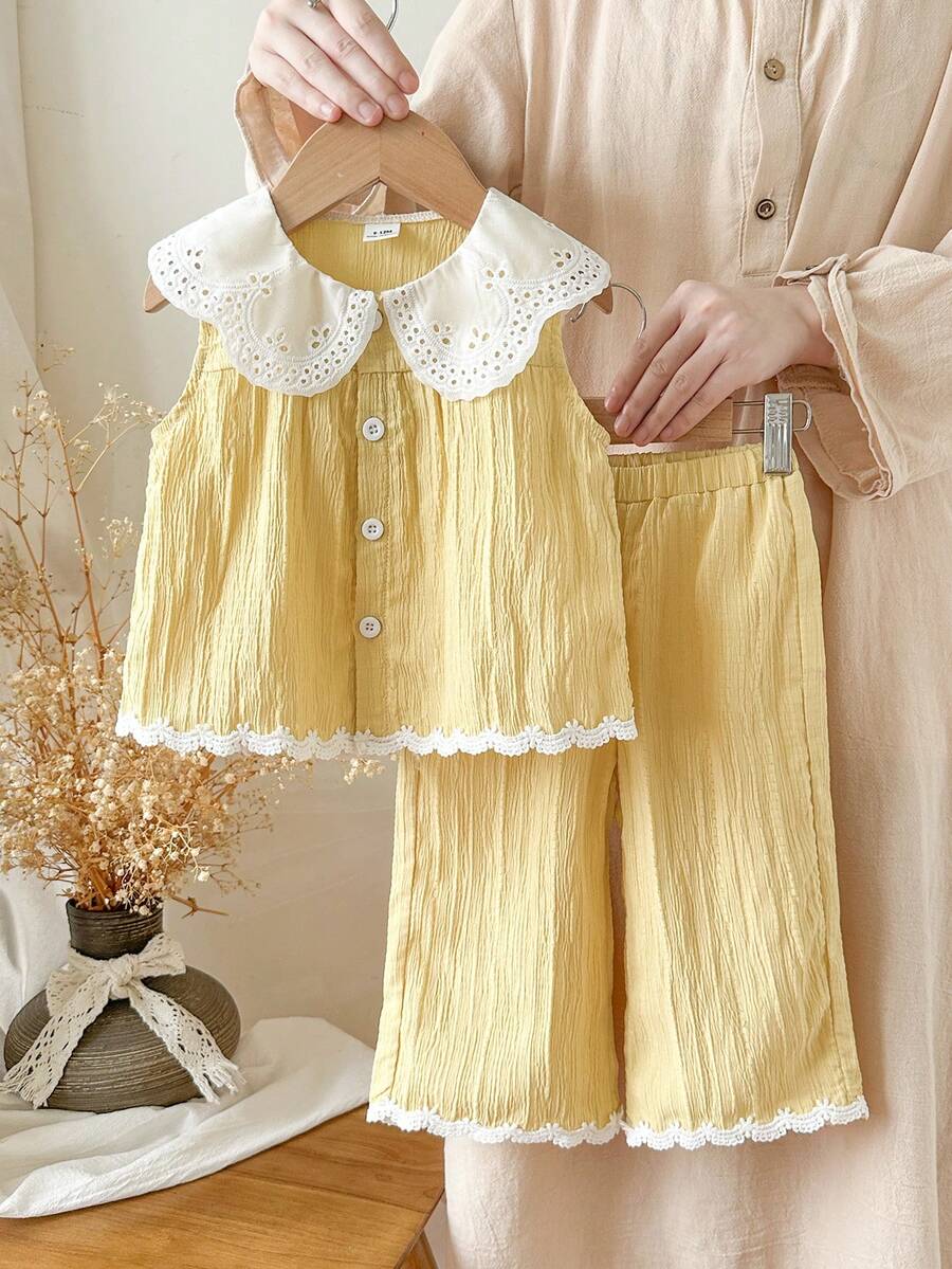 SHEIN Elladie kids 乡村风彼得潘领女童套装，女婴时尚刺绣下摆无袖上衣和长裤两件套
