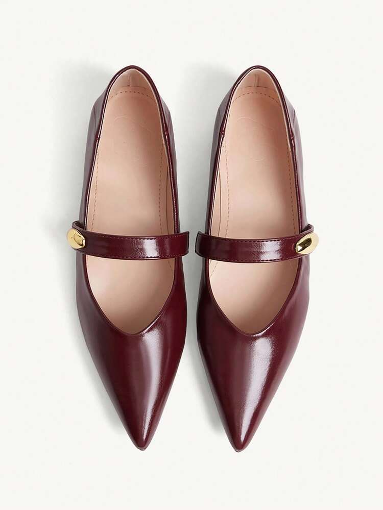 CUCCOO CHICEST Women Shoes Spring. New Pointed Flat Heel Romantic Elegant Burgundy PU Metal Shell Buckle Women's High Flat Shoes Dress Shoes Bridal Shoes Wine Season Sign For Valentine's Day Elegant Versatile