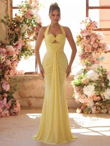 Glamrae Elegant Formal Soft Yellow Stretch Mesh Halter Neck Gown Glamorous Bodice Applique Sequins All-Over Pleats Mermaid Train Dress Wedding Guest - Mustard Yellow - View 8