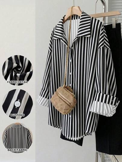 SHEIN LUNE Áo sơ mi dài tay kẻ sọc dành cho nữ, kiểu dáng rộng rãi thoải mái, thích hợp mặc ở nhà và đi nghỉ mát vào mùa thu, dịp Lễ Tạ ơn.