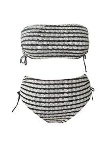 Swim Chiccia Bộ đồ bơi gợi cảm và thanh lịch cỡ lớn 2 món cho nữ áo yếm sọc đen trắng kết cấu và quần cạp cao buộc dây bên hông - Đen và trắng - Xem 7