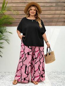 SHEIN CURVE+ Curve 尺码 US22 音乐节、海滨度假、波西米亚风两件套女士度假宽松衬衫和碎花长裤套装 夏季套装 - 彩色 - 查看 4