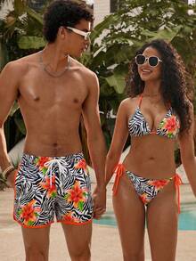 Azuldrift 男士花卉斑马纹抽绳腰休闲沙滩短裤 - 黑與白 - 查看 3