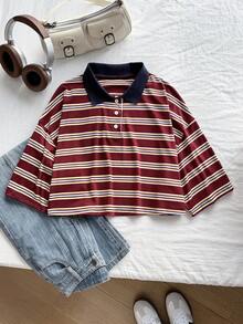 Comfortcana Plus Size Casual Retro American College Style Burgundy & Navy Striped Polo Shirt - Multicolor - View 5