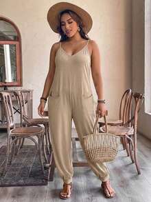 EMERY ROSE Women's Casual Sleeveless Jumpsuit With Pockets, Solid Color, Summer Gym Brown - Khaki - View 3