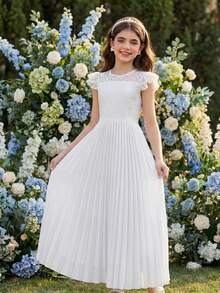 SHEIN 少女优雅高端蕾丝拼接缎面长袖花童礼服，适合婚礼、舞会、生日派对、表演等场合 - 白色 - 查看 3