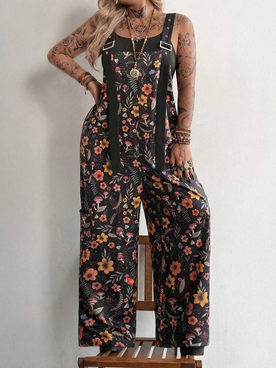 Flirla 大码迷彩肩带条纹撞色口袋休闲街头风连体裤，适合度假、约会、派对等场合。 - 彩色 - 查看 1