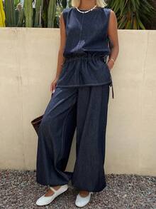 DAZY Bộ đồ nữ thường ngày gồm áo không tay cổ tròn, viền bèo nhún và quần jeans ống rộng. - Màu xanh lam - Xem 3