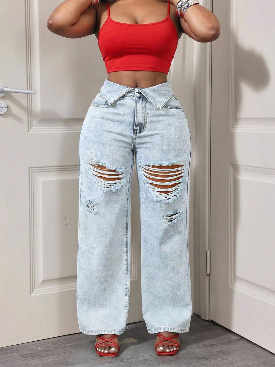 Slaydiva Women's Pocket Distressed Casual Versatile Daily Wear Wide Leg Jeans - Light Wash - View 1