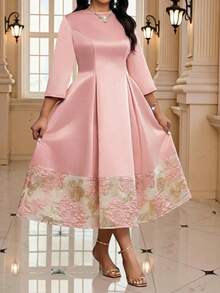 Fleurora Plus Size Women Dusty Pink Jacquard Round Neck 3/4 Sleeve Elegant Midi Dress For Autumn,Formal Wedding Guest Party,Luxury Evening Special Occasions - Pink - View 3