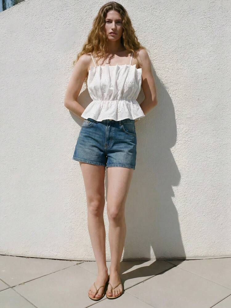 SHEIN Maija Women's Summer Minimalist Solid Color Hollow Embroidery Ruffle Hem Blouse, Summer Tops, Summer Outfit For Women, Summer Clothes , Spring Outfit, Spring Clothes Women, Festival Outfits, Beach, Beach Outfit, Elegant Women's Blouses , Casual Blouse For Women, Holiday, Vacation , Country Concert Outfit