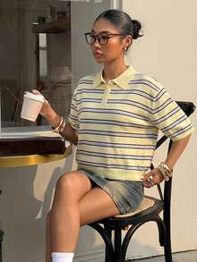 Muchica Yellow Striped Polo Collar Women Short Sleeve Knit Top - Light Yellow - View 3