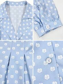 SHEIN PariChic 这款女士优雅咖啡色长袖连衣裙饰有浪漫的玫瑰印花，配有蝴蝶结腰带和前襟纽扣，时尚的设计适合秋冬、春夏、度假、情人节约会、生日等场合，A字廓形，可爱浪漫的泡泡袖短款连衣裙。 - 藍色 - 查看 7