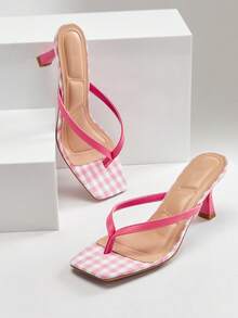 SHUZIA Women Comfortable Check Fabric Kitten Heel Square Toe Thong Heeled Sandals - Pink - View 5