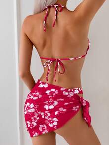 Swim Basics Floral Print Halter Neck Bikini Set With Tie Front Skirt For Summer Beach Vacation - Multicolor - View 2
