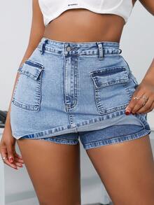 SHEIN SXY Plus Size Women High Waist Pocket Casual Skinny Denim Skorts - Light Wash - View 1
