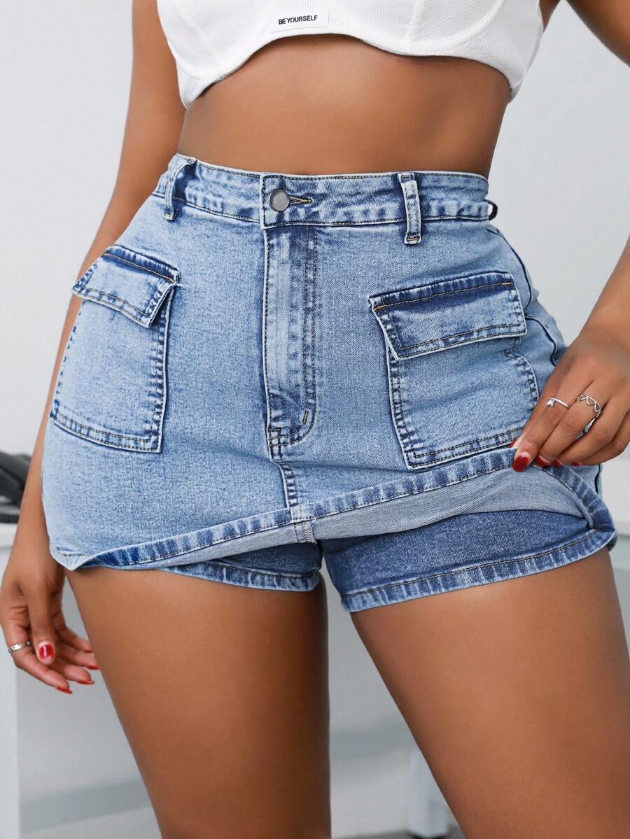 SHEIN SXY Plus Size Women High Waist Pocket Casual Skinny Denim Skorts - Light Wash - View 1