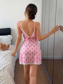 Napfluff 女士夏季撞色蕾丝下摆开衩蝴蝶结印花露背吊带睡裙 - 粉色 - 查看 2