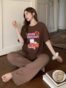 DAZY Cute Cartoon Bear Print Loose Women Summer Pajama Set - Brown - View 3