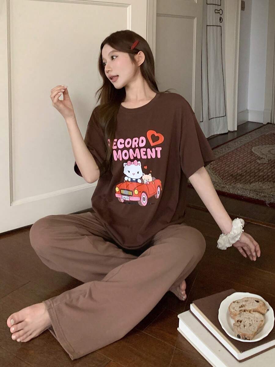 DAZY 可爱卡通熊印花宽松女式夏季睡衣套装 - 棕色 - 查看 1