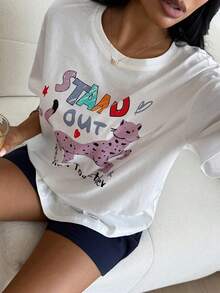 Livesso 字母和动物涂鸦印花T恤和短裤女士睡衣套装 - 白色 - 查看 5