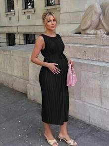 MaterniWear Maternity Solid Color Round Neck Waist Tie Casual Sleeveless Dress - Black - View 3
