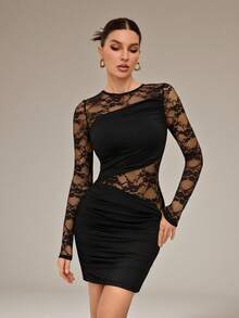 SHEIN Tall Women's Spring/Summer/Autumn/Winter New Arrival Mini Dress, Long Sleeve Dress, Solid Color Lace Patchwork Vintage Romantic Sexy Elegant Lady Dress - Black - View 1