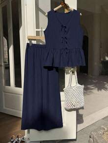 Sparklyn Conjunto de top sin mangas con volantes en el bajo y pantalones de pierna ancha de unicolor para niña preadolescente, ideal para primavera/verano, vacaciones y uso diario - Azul Marino - Ver 3