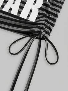 ROMWE Avant Women's Striped Asymmetric Neck Letter Print Casual Versatile Daily Wear T-Shirt - Dark Grey - View 4