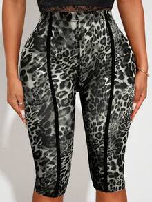 SHEIN SXY Quần legging lửng xuyên thấu gợi cảm họa tiết da báo, thích hợp cho mùa xuân/hè. - Đen và trắng - Xem 6