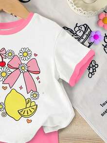 SHEIN 女婴休闲草莓、蝴蝶结、向日葵、柠檬印花圆领短袖上衣搭配黄色紧身短裤两件套，可爱夏季套装，适合上学、居家、户外活动，韩版风格 - 彩色 - 查看 4