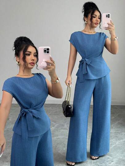Elenzga 女士优雅通勤休闲蓝色褶皱可调节腰带蝴蝶结衬衫 + 女士优雅通勤休闲高腰口袋设计宽松阔腿裤加大码两件套，春夏款