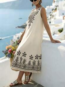 Linhara CURVE Vacation Summer Round Neck Bohemian Sleeveless Digital Print Place Large Size Dress - Apricot - View 4