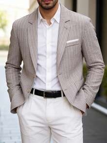 Manfinity Mode 男士灰白条纹纹理西装外套，春夏款 - 灰色 - 查看 1