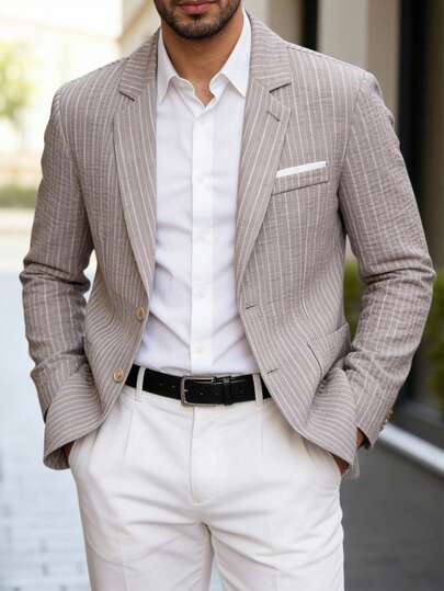 Manfinity Mode Men's Textured Gray & White Striped Suit Jacket, Spring/Summer Resort Wear For Men Men Blazer Casual Men Casual Suits Beige Blazer For Men Summer Vacation Style Men S Suit Old Money,Daily Leisure, Weekend Trips, Outdoor Activities, Travel Expeditions, Relaxed Work Environments Or Semi-Formal Occasions, Boyfriend/Husband Gift, Anniversary /Birthday Gift Party Summer Vacation Holiday,Wedding,Spring To Summer Men Cruise Outfit Yacht Outfit Men Men Beach Outfit Set