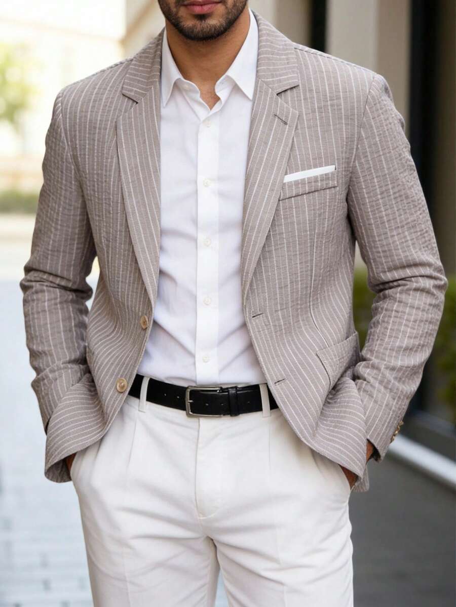 Manfinity Mode 男士灰白条纹纹理西装外套，春夏款 - 灰色 - 查看 1