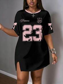 Slaydiva Plus Size Numeric Print Round Neck Summer Short Sleeve Dress - Multicolor - View 4