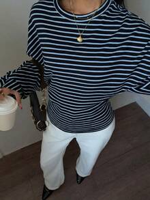 Siren Gaze Áo thun dài tay kẻ sọc in hình dơi dành cho nữ, hàng mới về mùa Thu/Đông. - xanh và đen - Xem 3