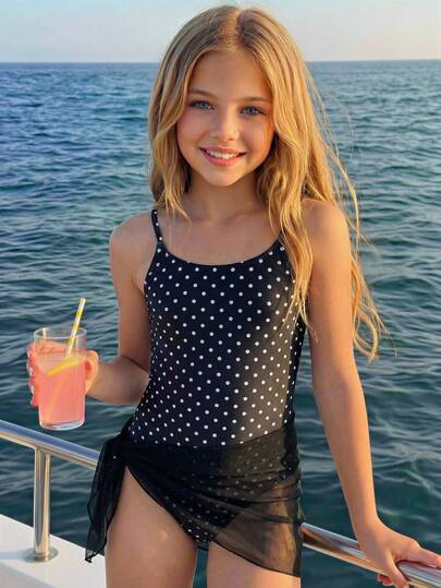 SHEIN Kids/Tween Girls Black & White Polka Dot Side Bow Decor Casual Romper Swimsuit With Cover-Up Skirt, Vacation Beach Style