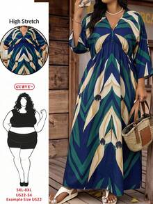 SHEIN CURVE+ Plus Size Women's Vacation Green Plant Print 3/4 Sleeve Dress - Multicolor - View 9