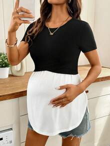 SHEIN Top casual y versátil para uso diario con pliegues, correas y diseño de parches de colores para mujeres embarazadas - Blanco y Negro - Ver 4